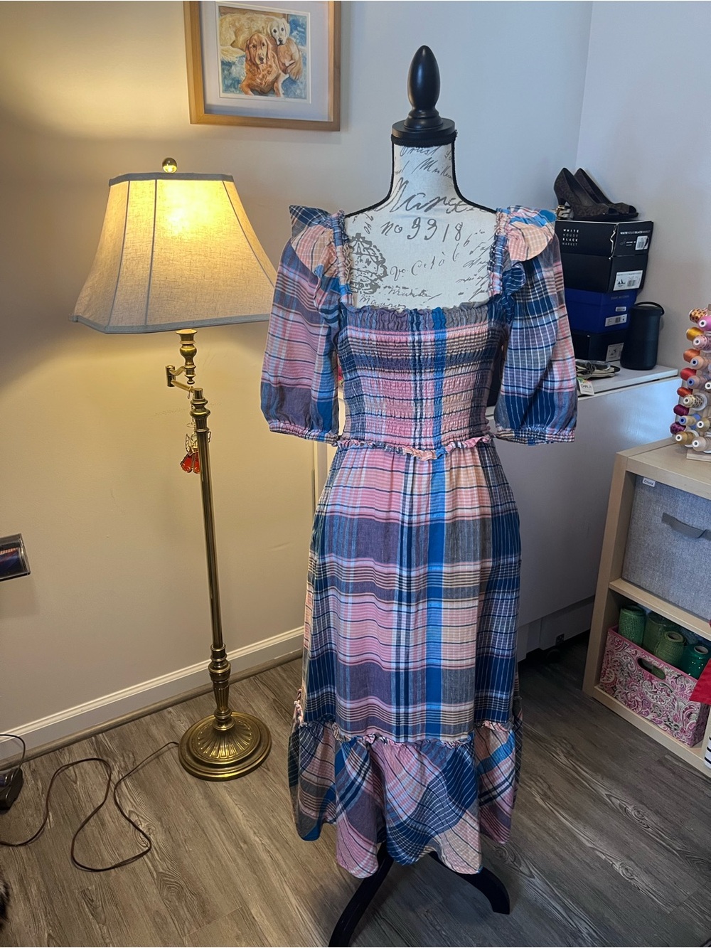 Vineyard Vines Pink & Blue Plaid Smocked Midi Dress size S